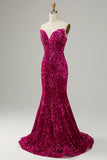 Fuchsia Sweetheart Neck Sequined Mermaid Ball Dress With Sweep Train