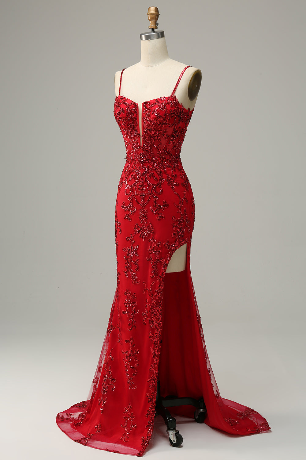 Mermaid Spaghetti Straps Red Sequins Long Ball Dress with Split Front
