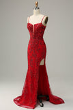 Mermaid Spaghetti Straps Red Sequins Long Ball Dress with Split Front