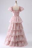 Blush A Line Square Neck Tiered Ball Dress with Ruffles