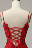 Mermaid Spaghetti Straps Red Sequins Long Ball Dress with Split Front