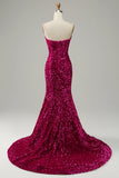 Fuchsia Sweetheart Neck Sequined Mermaid Ball Dress With Sweep Train
