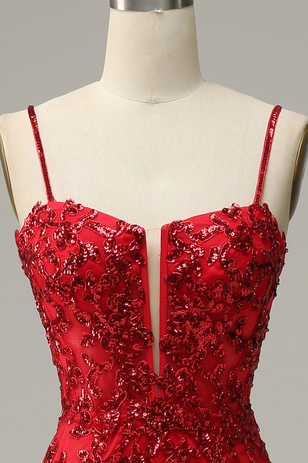 Mermaid Spaghetti Straps Red Sequins Long Ball Dress with Split Front