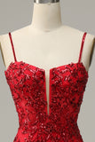 Mermaid Spaghetti Straps Red Sequins Long Ball Dress with Split Front