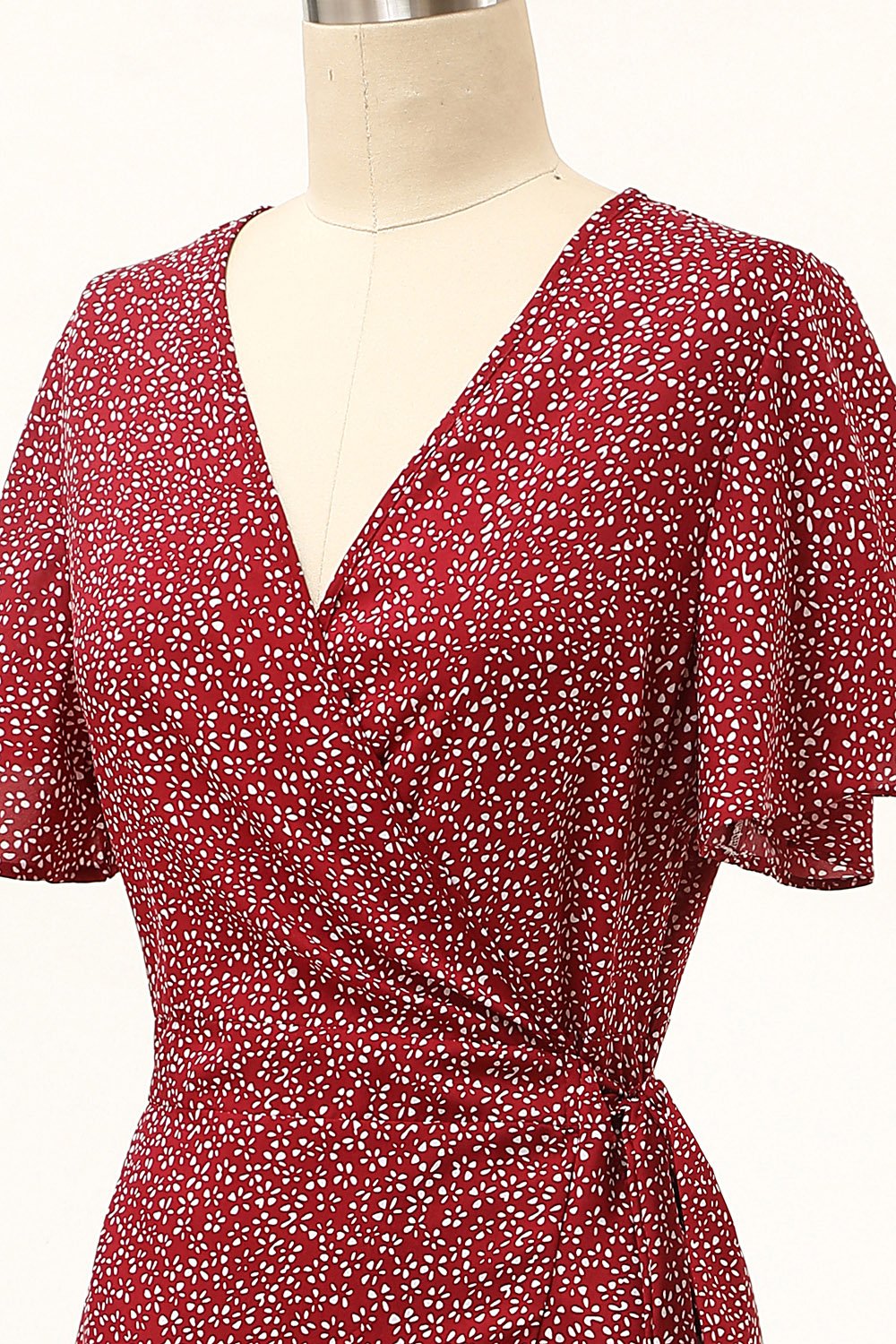 Summer Burgundy Print Wrap Casual Dress