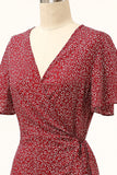 Summer Burgundy Print Wrap Casual Dress