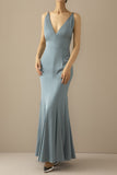 Mermaid Blue V-Neck Long Ball Dress