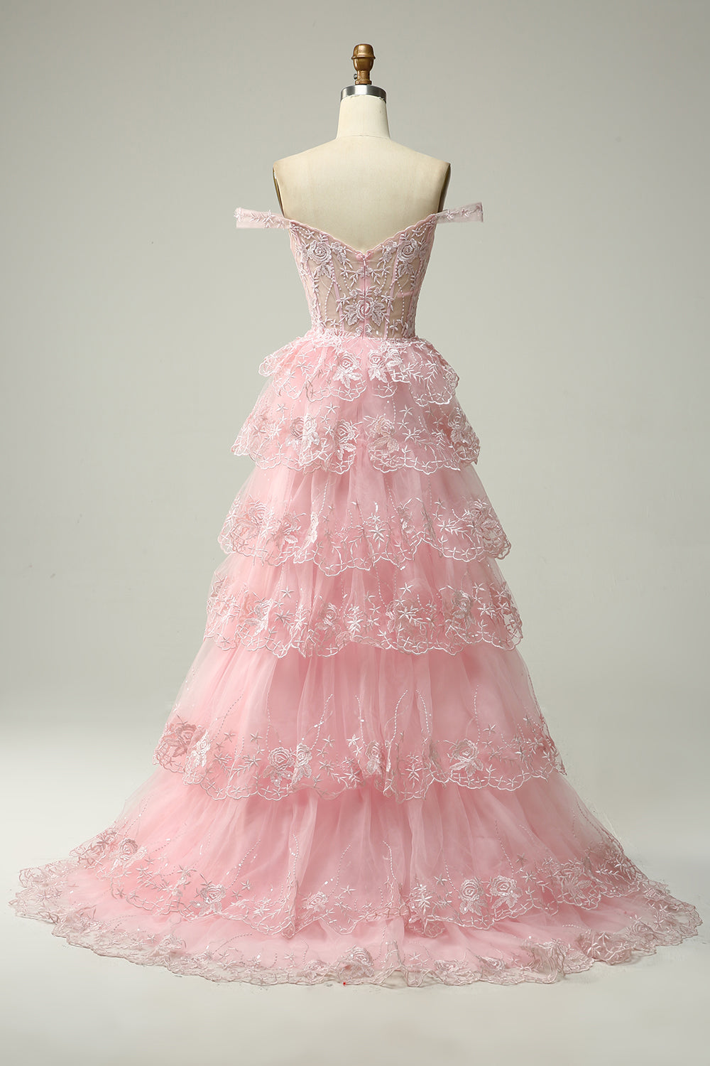 Princess A Line Off the Shoulder Black Pink Long Ball Dress with Tiered Lace