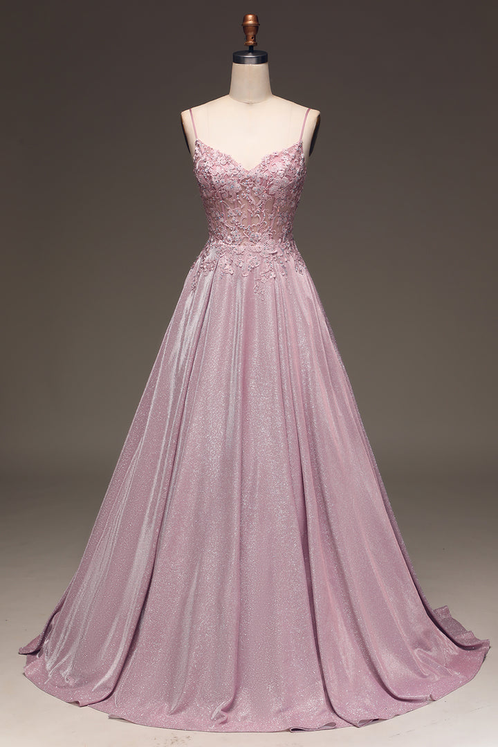 Glitter Spaghetti Straps Corset Blush Ball Dress with Beading