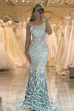 Sparkly Mermaid One Shoulder Dark Green Sequins Long Ball Dress