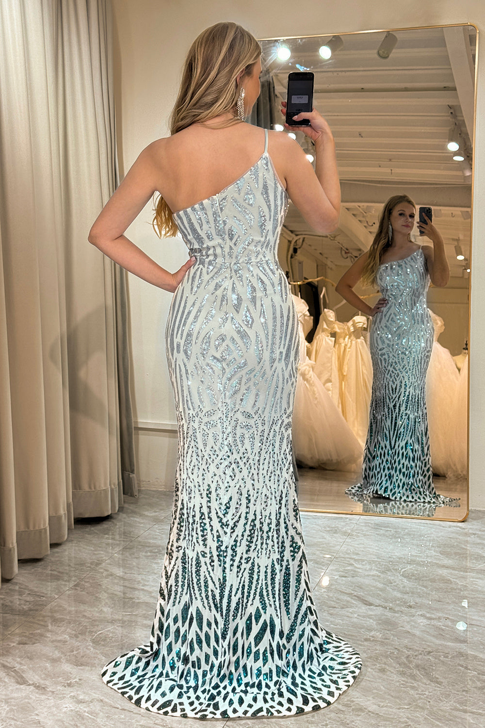 Sparkly Mermaid One Shoulder Dark Green Sequins Long Ball Dress