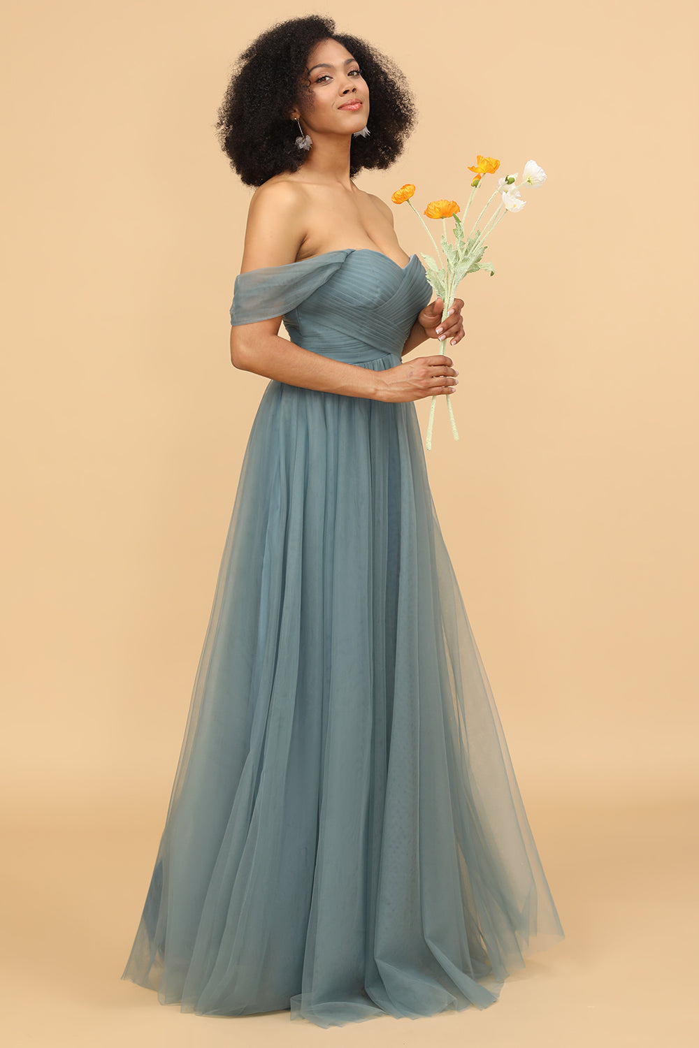 Off the Shoulder Chiffon Bridesmaid Dress with Ruffles