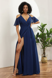Cold Shoulder Navy Chiffon Bridesmaid Dress with Slit