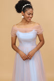 A Line Spaghetti Straps Blue Pink Tulle Long Bridesmaid Dress