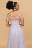 A Line Spaghetti Straps Blue Pink Tulle Long Bridesmaid Dress