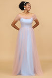 A Line Spaghetti Straps Blue Pink Tulle Long Bridesmaid Dress