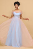 A Line Spaghetti Straps Blue Pink Tulle Long Bridesmaid Dress
