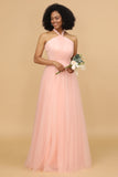 A Line Halter Blush Long Tulle Bridesmaid Dress