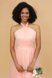 A Line Halter Blush Long Tulle Bridesmaid Dress