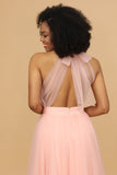 A Line Halter Blush Long Tulle Bridesmaid Dress