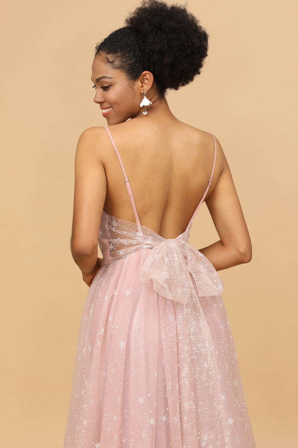 A Line Spaghetti Straps Blush Long Tulle Bridesmaid Dress