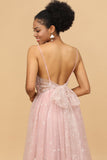 A Line Spaghetti Straps Blush Long Tulle Bridesmaid Dress