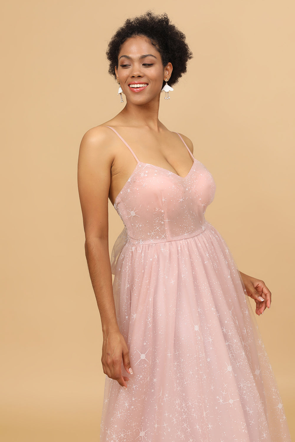 A Line Spaghetti Straps Blush Long Tulle Bridesmaid Dress