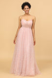 A Line Spaghetti Straps Blush Long Tulle Bridesmaid Dress