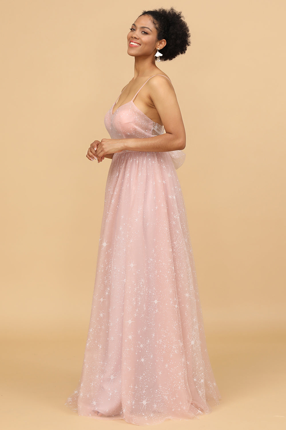 A Line Spaghetti Straps Blush Long Tulle Bridesmaid Dress