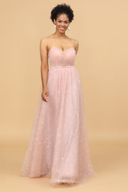A Line Spaghetti Straps Blush Long Tulle Bridesmaid Dress
