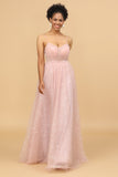 A Line Spaghetti Straps Blush Long Tulle Bridesmaid Dress