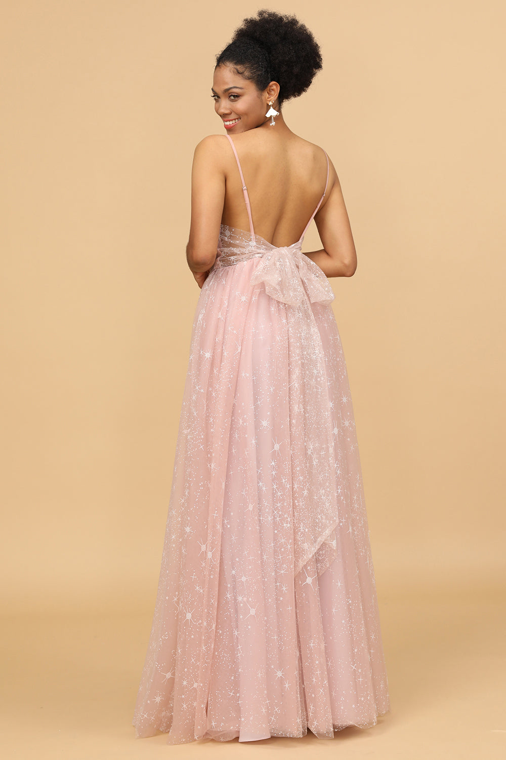 A Line Spaghetti Straps Blush Long Tulle Bridesmaid Dress