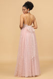 A Line Spaghetti Straps Blush Long Tulle Bridesmaid Dress