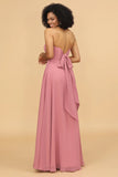 Chiffon A Line Lace Up Long Blush Bridesmaid Dress