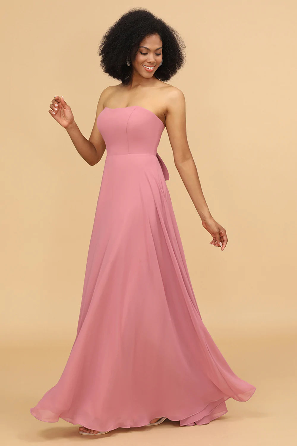 Chiffon A Line Lace Up Long Blush Bridesmaid Dress