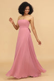Chiffon A Line Lace Up Long Blush Bridesmaid Dress