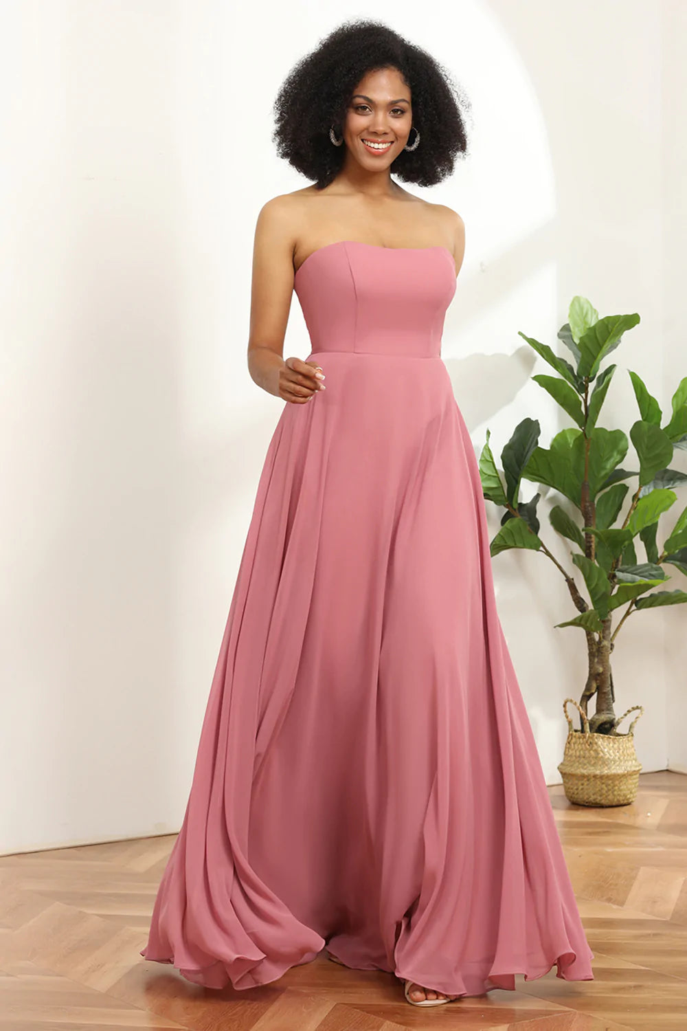 Chiffon A Line Lace Up Long Blush Bridesmaid Dress