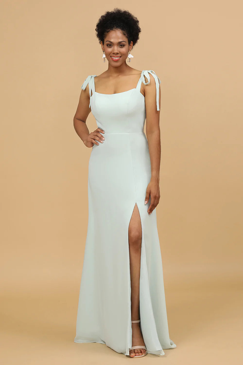 Mint A Line Chiffon Long Bridesmaid Dress with Slit