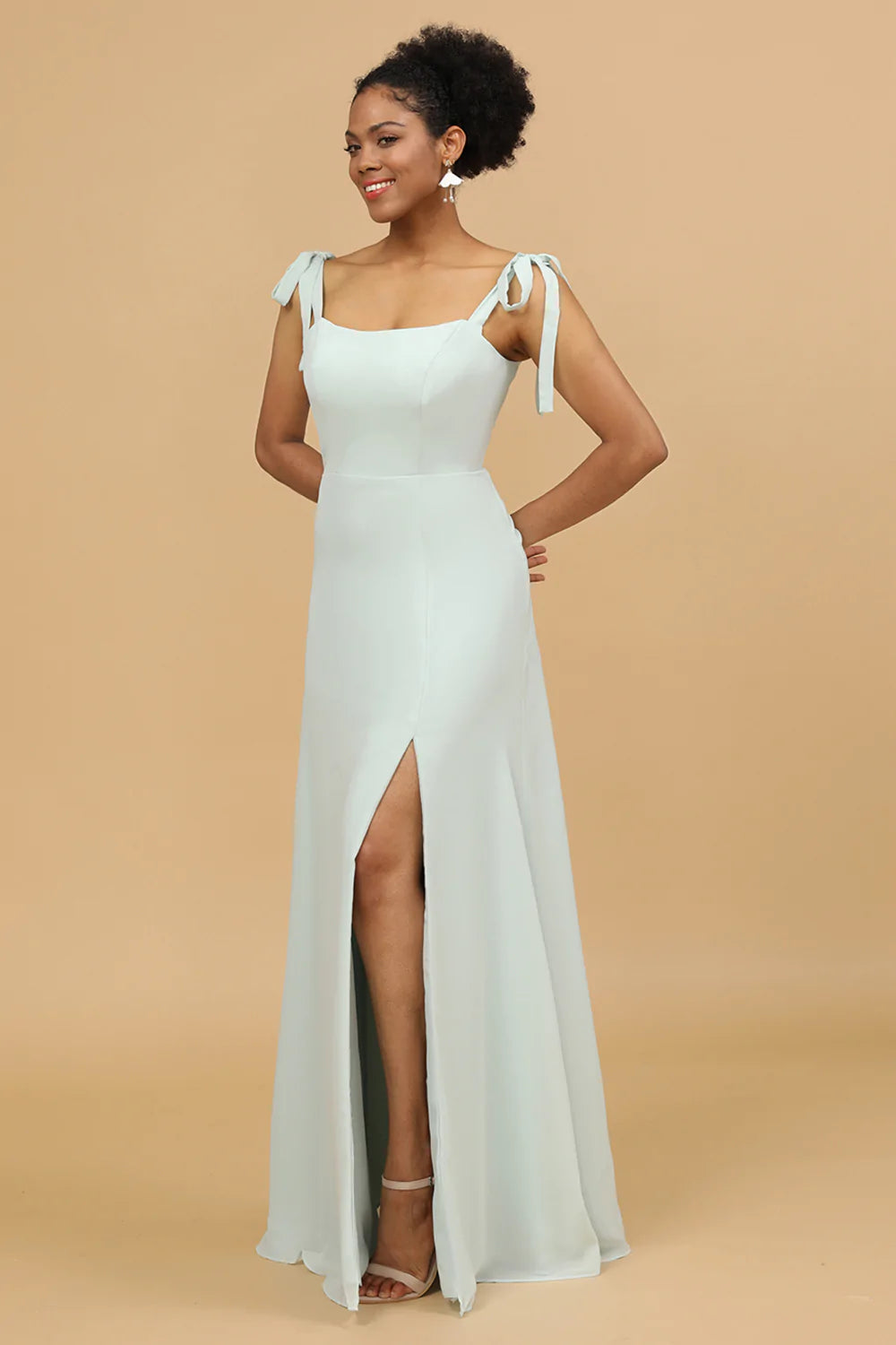Mint A Line Chiffon Long Bridesmaid Dress with Slit