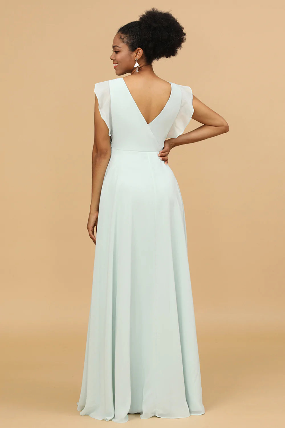 Mint V-Neck Sleeveless Long Chiffon Bridesmaid Dress With Slit