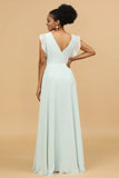 Mint V-Neck Sleeveless Long Chiffon Bridesmaid Dress With Slit