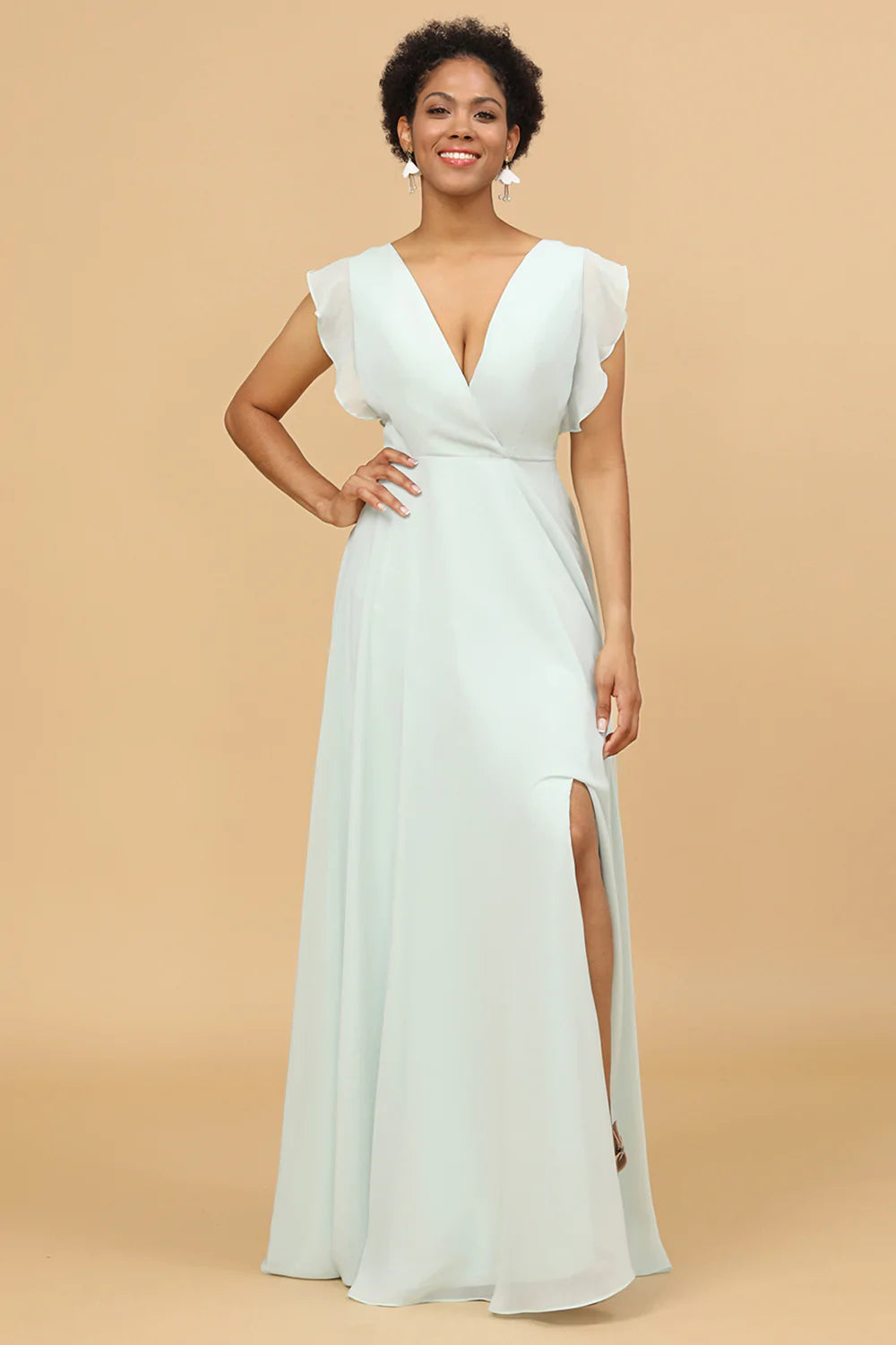 Mint V-Neck Sleeveless Long Chiffon Bridesmaid Dress With Slit