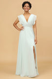 Mint V-Neck Sleeveless Long Chiffon Bridesmaid Dress With Slit