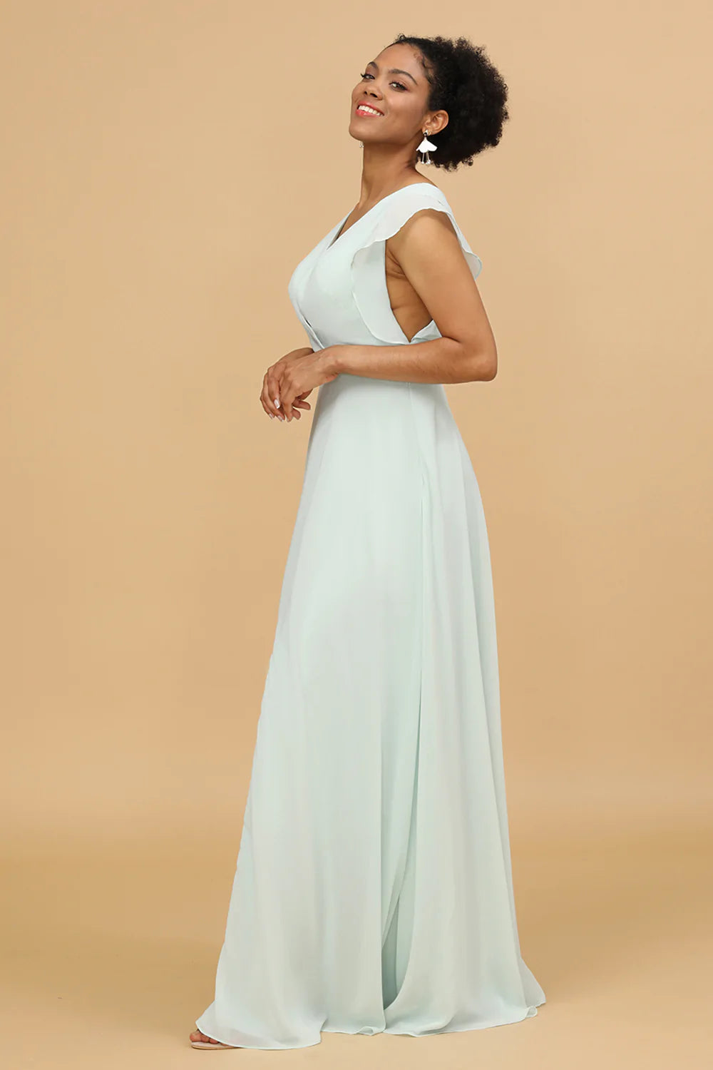 Mint V-Neck Sleeveless Long Chiffon Bridesmaid Dress With Slit