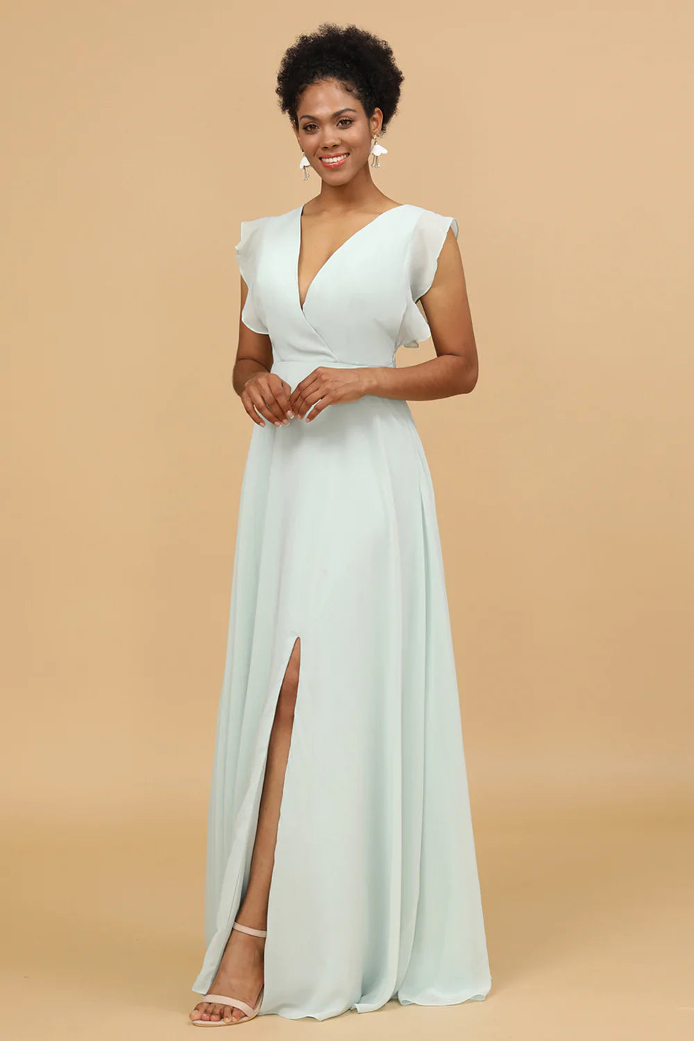 Mint V-Neck Sleeveless Long Chiffon Bridesmaid Dress With Slit