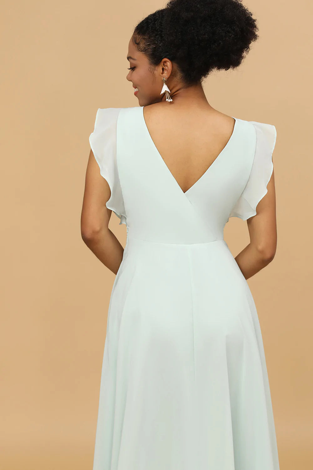 Mint V-Neck Sleeveless Long Chiffon Bridesmaid Dress With Slit