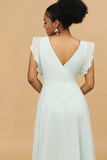 Mint V-Neck Sleeveless Long Chiffon Bridesmaid Dress With Slit