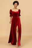 Red Velvet Half Sleeves Long Bridesmaid Dress With Slit