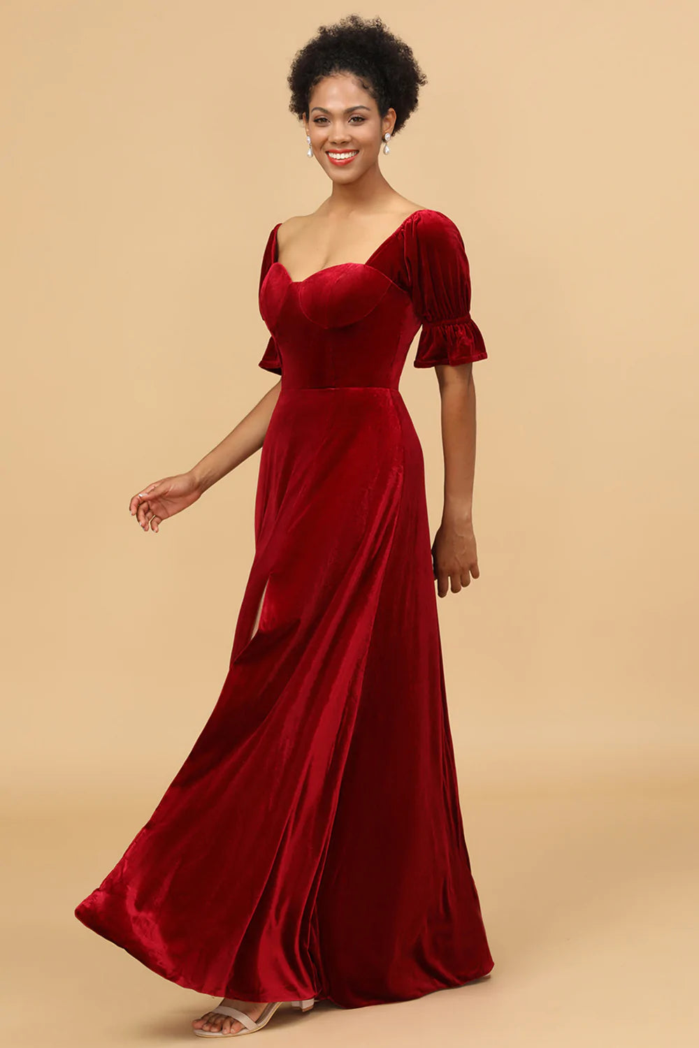 Red Velvet Half Sleeves Long Bridesmaid Dress With Slit