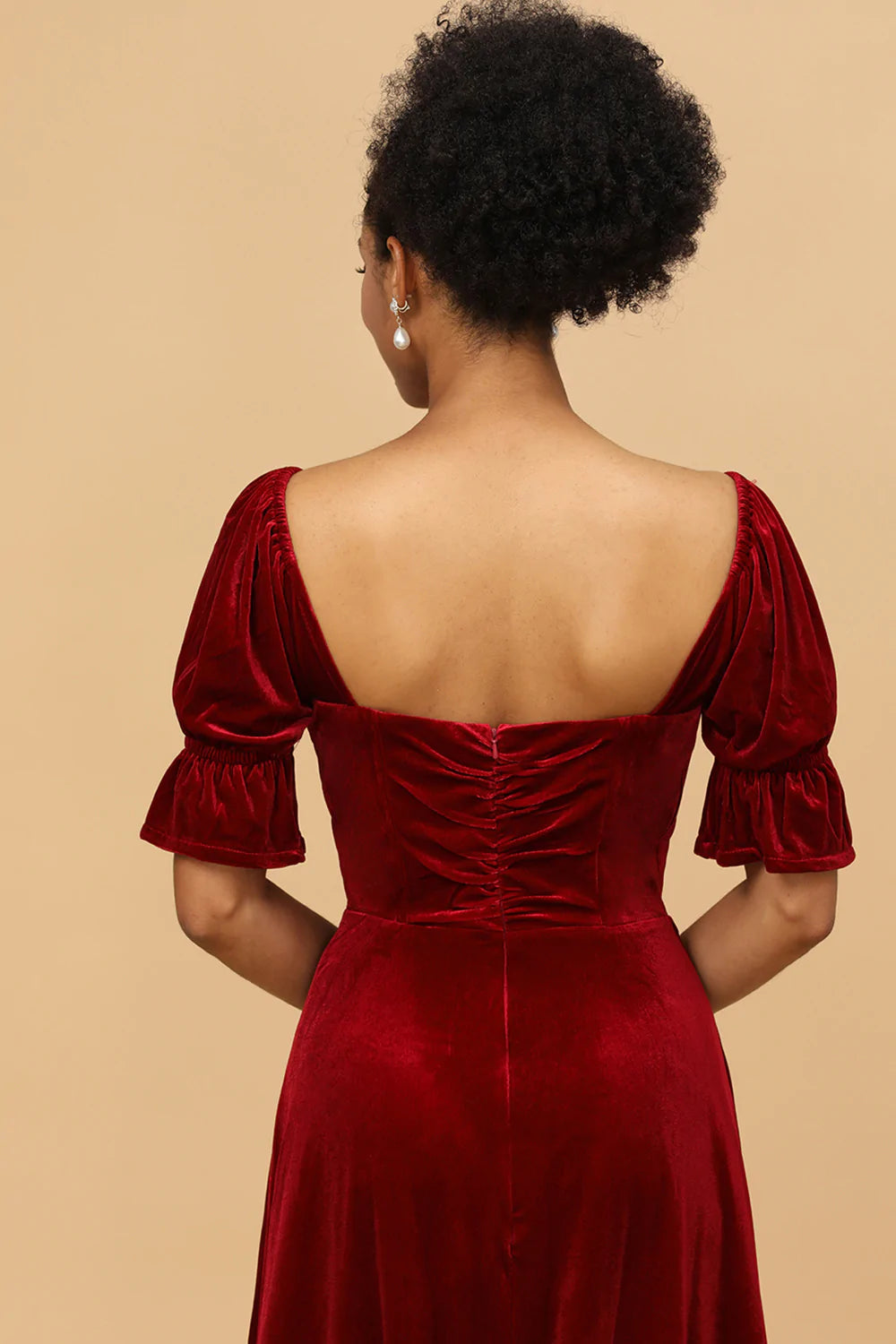 Red Velvet Half Sleeves Long Bridesmaid Dress With Slit